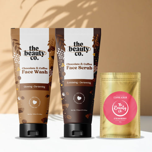 the beauty co Choco Coffee Detan Essential Face wash and Face scrub and Strawberry Scrub